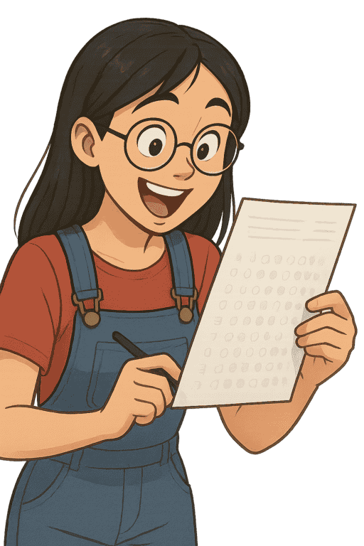 Garota estudante sorrindo e segurando uma prova